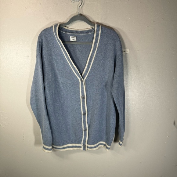 Aritzia Sunday Best Ellis Cardigan wool sweater blue white oversized Small prep - Picture 13 of 13